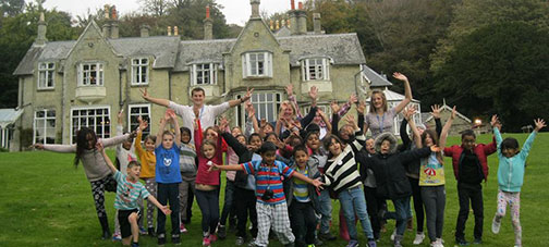 Smiling school children at their school trip overnight accommodation
